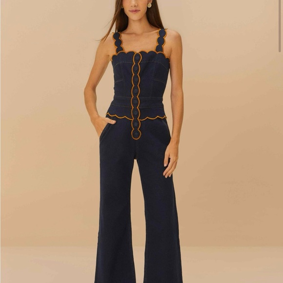 FARM Rio Pants - FARM Rio- Dark Denim Wavy Trim Jumpsuit
